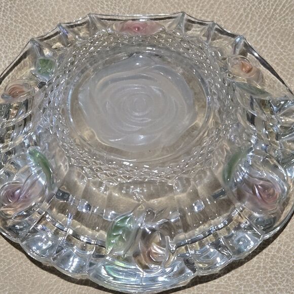 Vintage Pink Rose Glass Inlaid Rimmed Ashtray w/ Green Leaves 6" Diameter - Picture 9 of 10